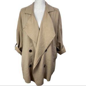 Oversized Tan Beige Khaki Roll-Tab Sleeves Trench Coat Duster Size Small